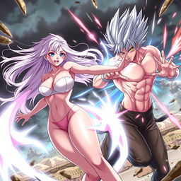 An action-packed anime scene featuring a sexy young lady with an alluring figure, including big boobs, flowing silvery-pink hair, and glowing eyes