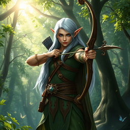 A majestic elf standing tall in a lush forest, holding a finely crafted bow