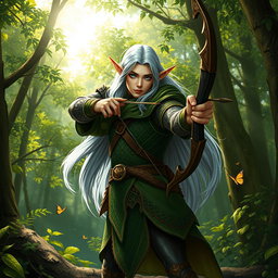A majestic elf standing tall in a lush forest, holding a finely crafted bow