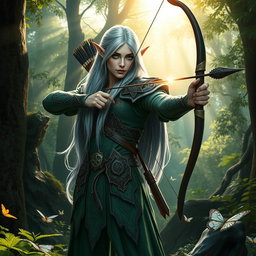 A majestic elf standing tall in a lush forest, holding a finely crafted bow