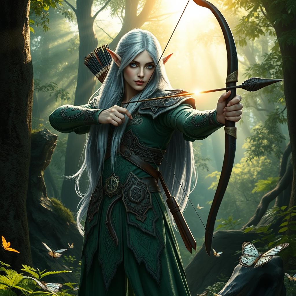 A majestic elf standing tall in a lush forest, holding a finely crafted bow