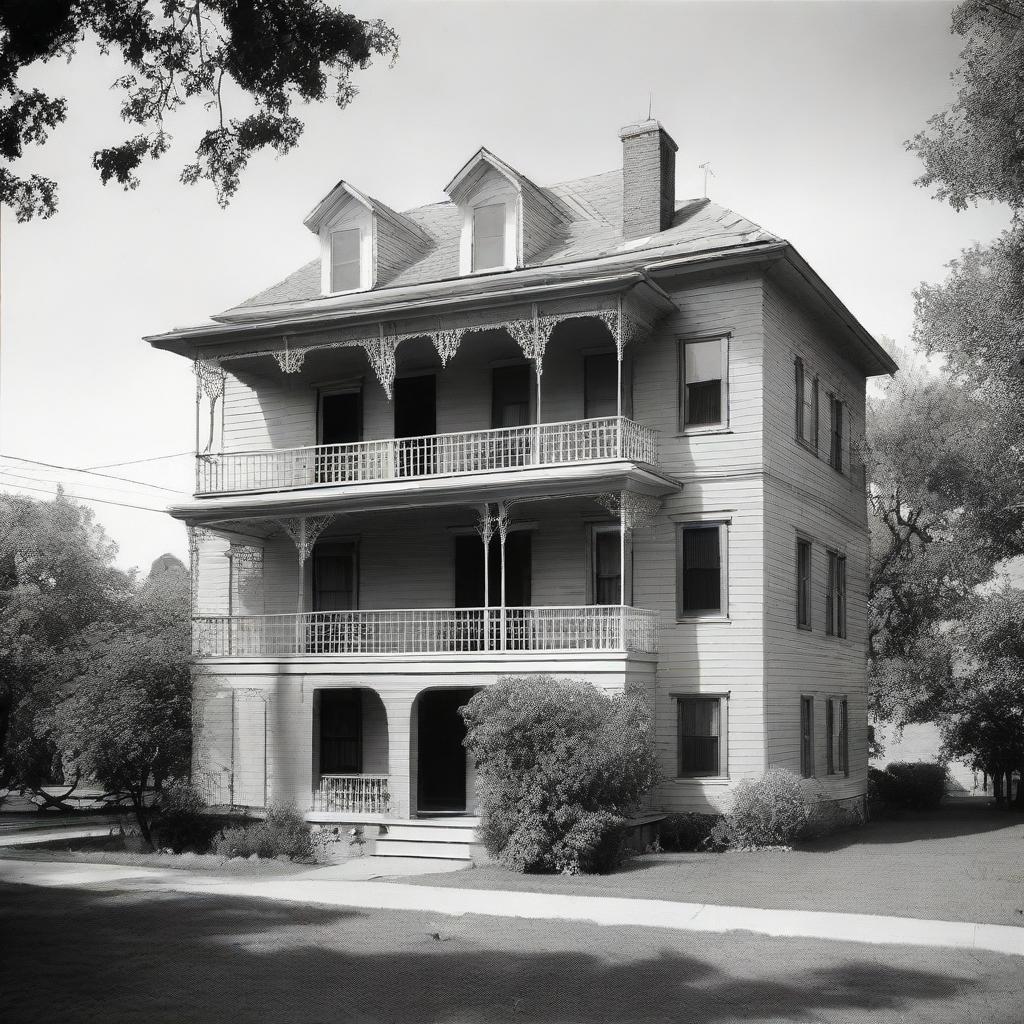 A two-story house with a draped sheet on the first floor and a balcony on the second floor.