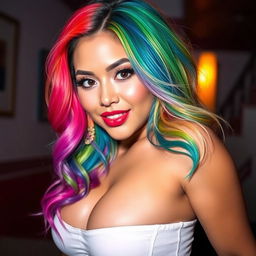 A vibrant and colorful scene featuring a cute Latina woman with striking rainbow-colored hair, showcasing her confidence and charm