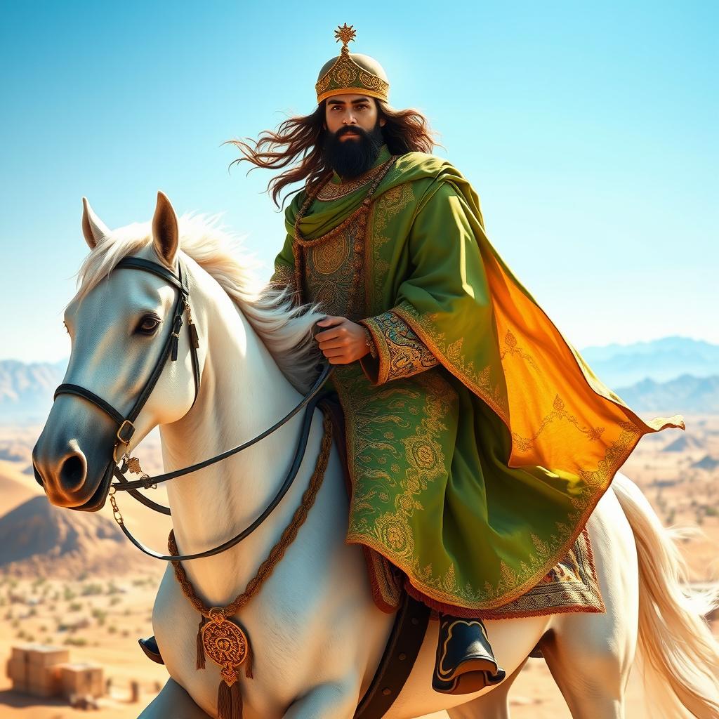 A majestic depiction of Hazrat Abalfazl Abbas riding a magnificent white horse