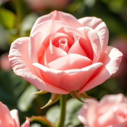 A stylized representation of a rose blooming, with intricate petals that subtly form the shape of female reproductive anatomy, surrounded by soft, dreamy colors of pink and white, with a lush green backdrop