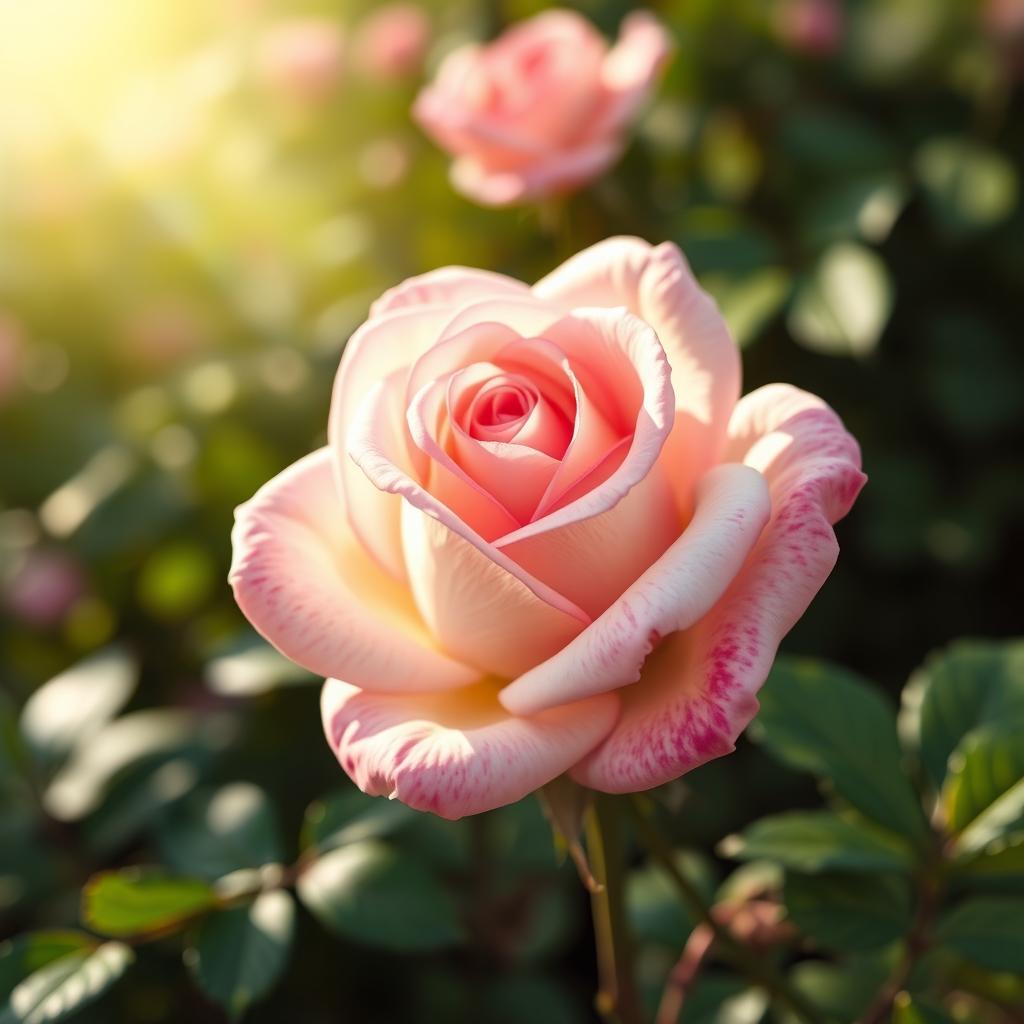 A stylized representation of a rose blooming, with intricate petals that subtly form the shape of female reproductive anatomy, surrounded by soft, dreamy colors of pink and white, with a lush green backdrop