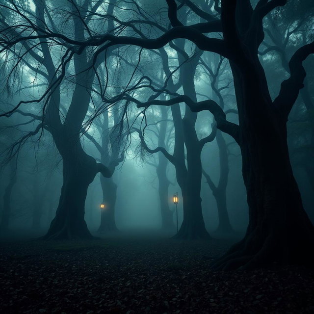 A spooky Japanese forest shrouded in mist, featuring towering ancient cedar trees with twisted branches
