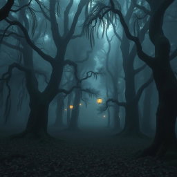 A spooky Japanese forest shrouded in mist, featuring towering ancient cedar trees with twisted branches