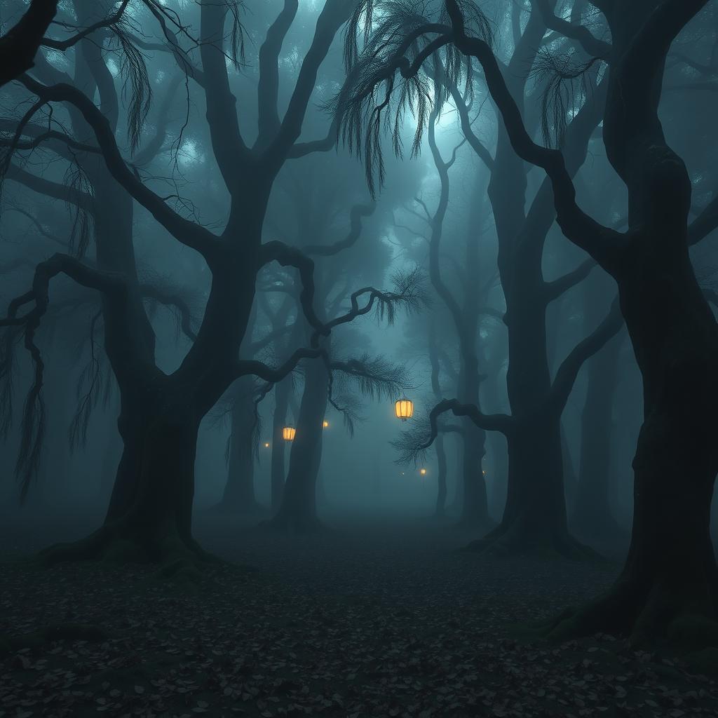 A spooky Japanese forest shrouded in mist, featuring towering ancient cedar trees with twisted branches