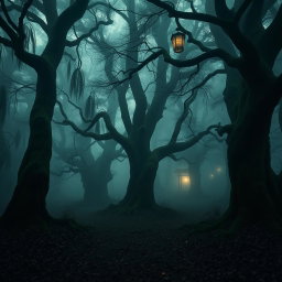 A spooky Japanese forest shrouded in mist, featuring towering ancient cedar trees with twisted branches
