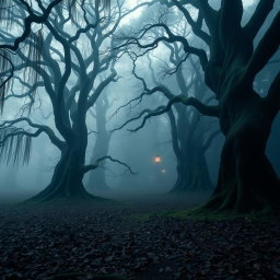 A spooky Japanese forest shrouded in mist, featuring towering ancient cedar trees with twisted branches