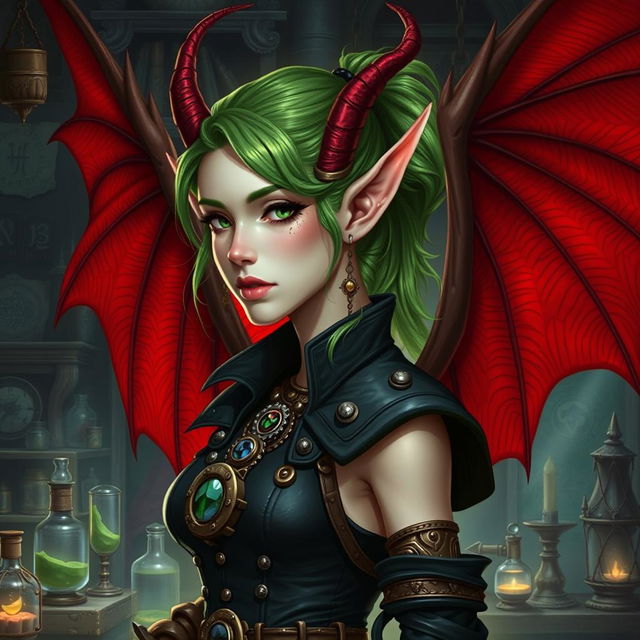 A beautiful female tiefling artificer with pale skin, adorned with vibrant green hair styled elegantly and tied back with a hair tie