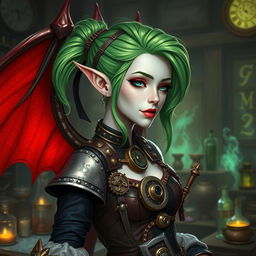 A beautiful female tiefling artificer with pale skin, adorned with vibrant green hair styled elegantly and tied back with a hair tie