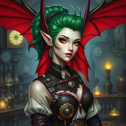 A beautiful female tiefling artificer with pale skin, adorned with vibrant green hair styled elegantly and tied back with a hair tie