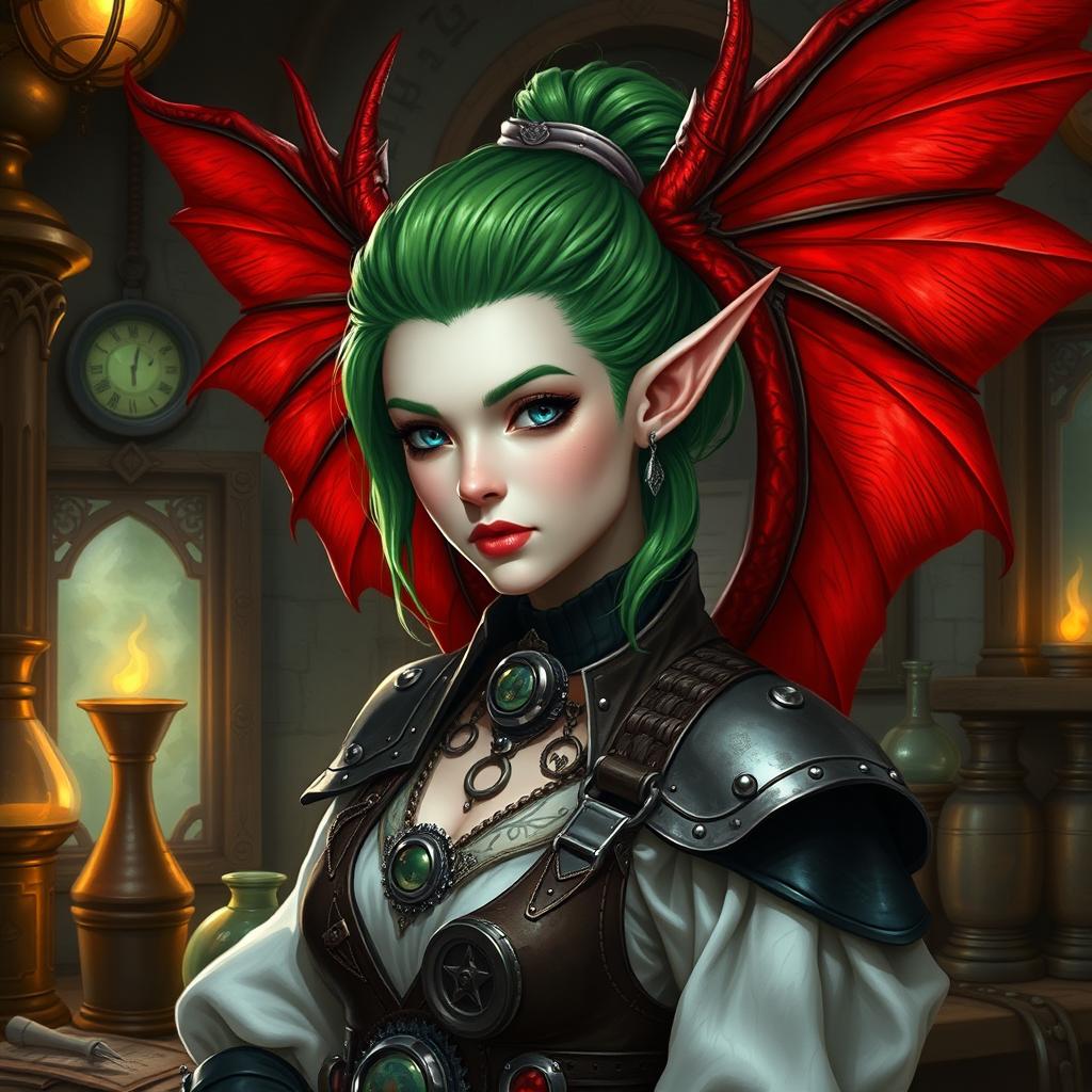 A beautiful female tiefling artificer with pale skin, adorned with vibrant green hair styled elegantly and tied back with a hair tie