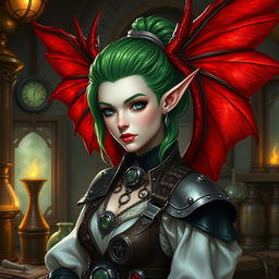 A beautiful female tiefling artificer with pale skin, adorned with vibrant green hair styled elegantly and tied back with a hair tie