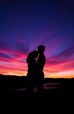 A captivating depiction of a young couple silhouette standing close together at dusk, surrounded by a breathtaking background of a colorful sunset