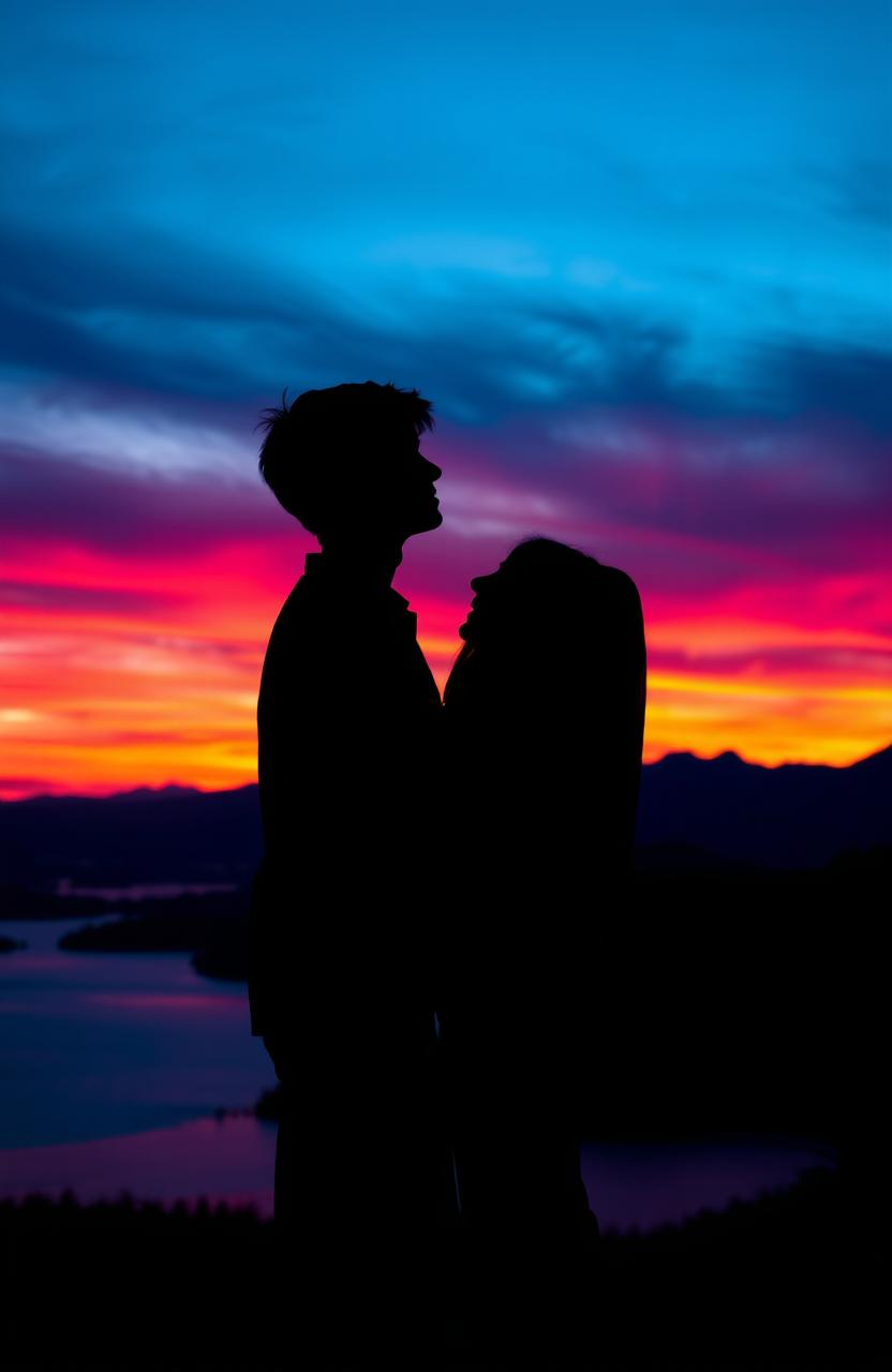 A captivating depiction of a young couple silhouette standing close together at dusk, surrounded by a breathtaking background of a colorful sunset