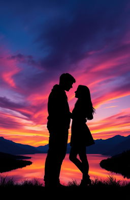 A captivating depiction of a young couple silhouette standing close together at dusk, surrounded by a breathtaking background of a colorful sunset