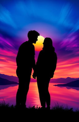 A captivating depiction of a young couple silhouette standing close together at dusk, surrounded by a breathtaking background of a colorful sunset