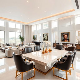 A luxurious modern living and dining area that seamlessly blends comfort and elegance, characterized by a sophisticated color palette of white with subtle gold accents