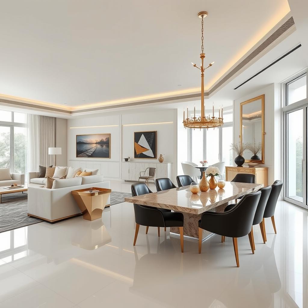 A luxurious modern living and dining area that seamlessly blends comfort and elegance, characterized by a sophisticated color palette of white with subtle gold accents