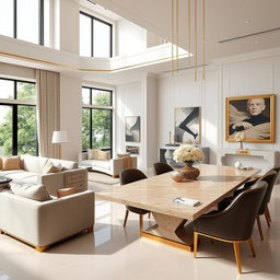 A luxurious modern living and dining area that seamlessly blends comfort and elegance, characterized by a sophisticated color palette of white with subtle gold accents