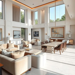 A luxurious modern living and dining area that seamlessly blends comfort and elegance, characterized by a sophisticated color palette of white with subtle gold accents