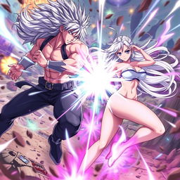 An action-packed anime scene featuring a sexy young lady with an enticing figure, including big boobs, flowing silvery-pink hair, and glowing eyes