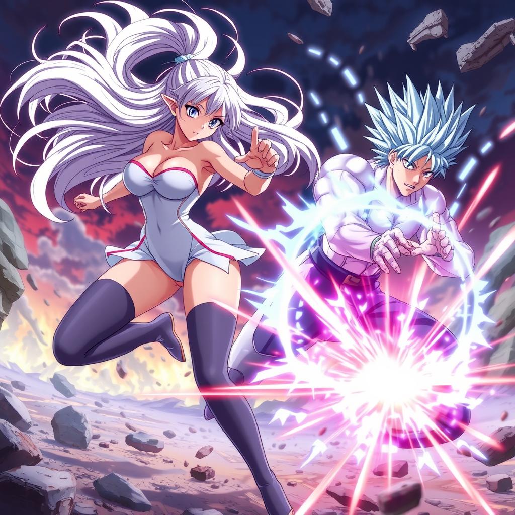 An action-packed anime scene featuring a sexy young lady with an enticing figure, including big boobs, flowing silvery-pink hair, and glowing eyes