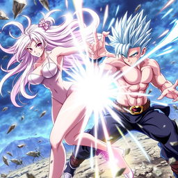 An action-packed anime scene featuring a sexy young lady with an enticing figure, including big boobs, flowing silvery-pink hair, and glowing eyes