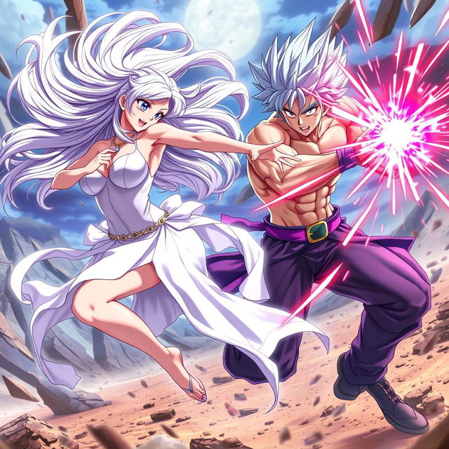 An action-packed anime scene featuring a sexy young lady with an enticing figure, including big boobs, flowing silvery-pink hair, and glowing eyes