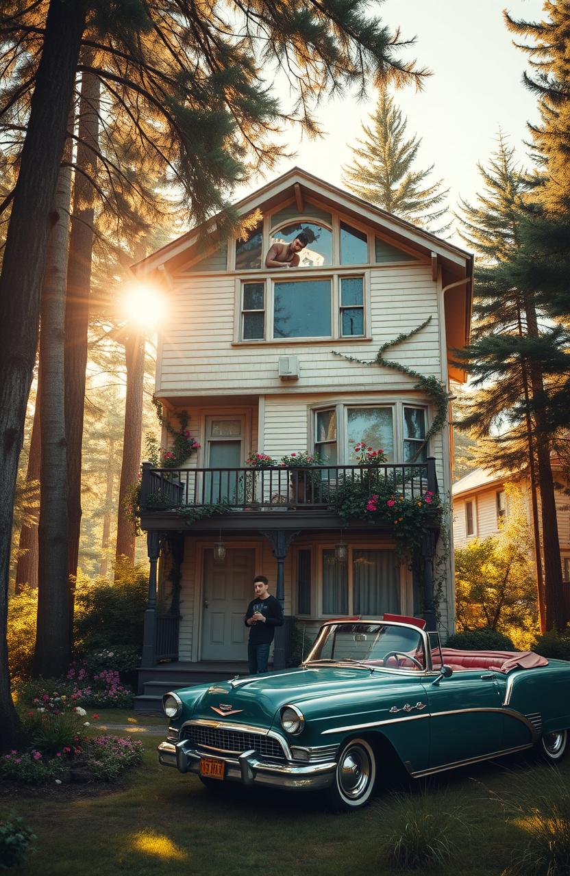 A three-story guest house surrounded by tall trees, bathed in warm sunlight