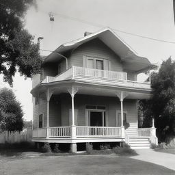 A two-story house with a draped sheet on the first floor and a balcony on the second floor.