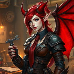 A stunning female tiefling artificer with pale skin, vibrant red hair styled with a tie, and striking red demon-like wings