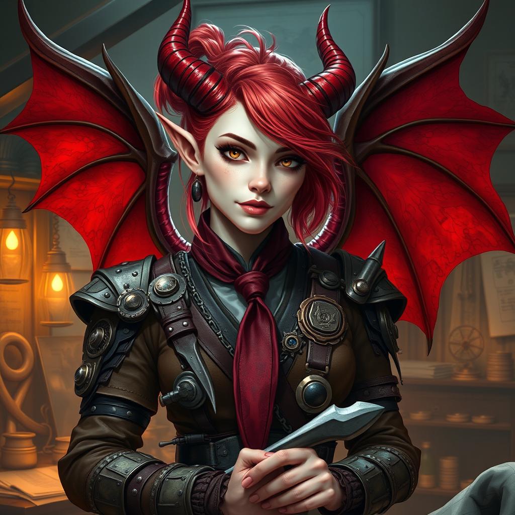 A stunning female tiefling artificer with pale skin, vibrant red hair styled with a tie, and striking red demon-like wings