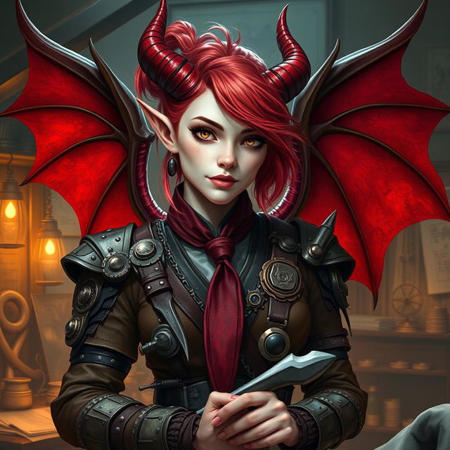 A stunning female tiefling artificer with pale skin, vibrant red hair styled with a tie, and striking red demon-like wings