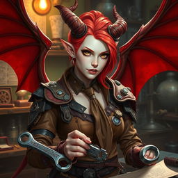 A stunning female tiefling artificer with pale skin, vibrant red hair styled with a tie, and striking red demon-like wings