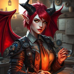 A stunning female tiefling artificer with pale skin, vibrant red hair styled with a tie, and striking red demon-like wings