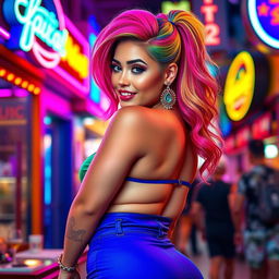 A vibrant and confident Latina woman with striking rainbow-colored hair styled in a playful, bold fashion
