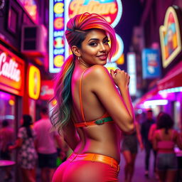 A vibrant and confident Latina woman with striking rainbow-colored hair styled in a playful, bold fashion