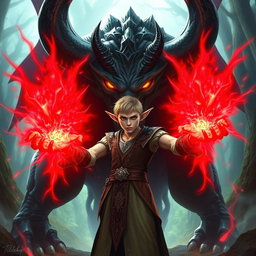 A male elf with striking yellow eyes, showcasing intricate and elegant features, stands confidently in a mystical landscape