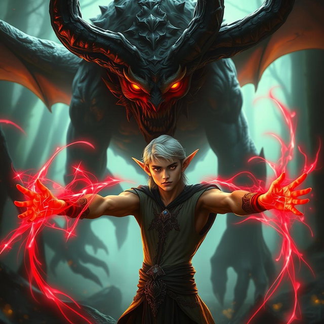 A male elf with striking yellow eyes, showcasing intricate and elegant features, stands confidently in a mystical landscape