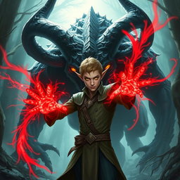 A male elf with striking yellow eyes, showcasing intricate and elegant features, stands confidently in a mystical landscape