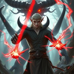 A male elf with striking yellow eyes, showcasing intricate and elegant features, stands confidently in a mystical landscape