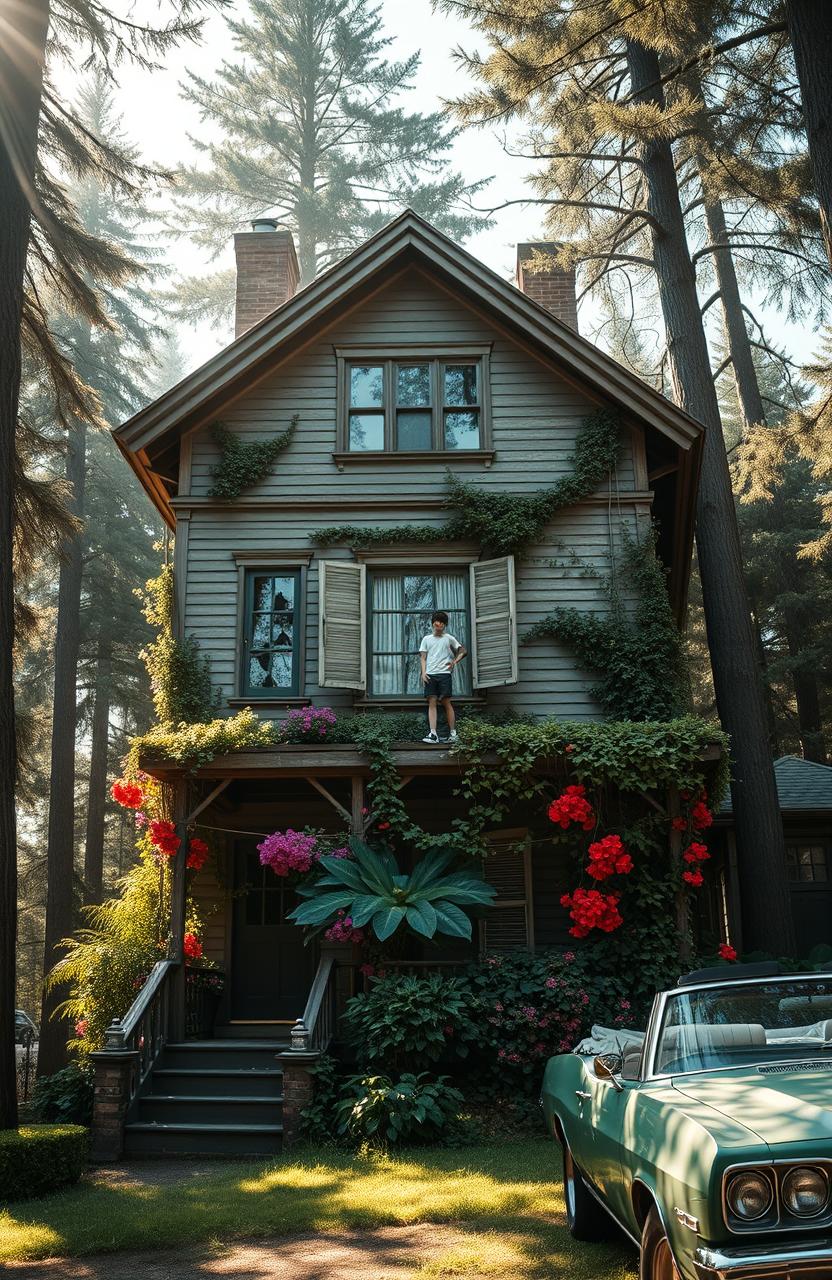 A three-story guest house surrounded by tall trees located near a city, flooded with sunlight, featuring cloudy and broken windows due to old age
