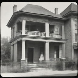 A two-story house with a draped sheet on the first floor and a balcony on the second floor.