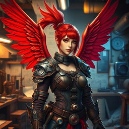 A female artificer with striking red hair tied back in a neat ponytail, showcasing her large, majestic red wings