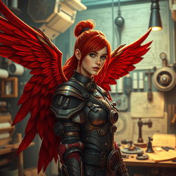 A female artificer with striking red hair tied back in a neat ponytail, showcasing her large, majestic red wings