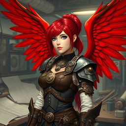 A female artificer with striking red hair tied back in a neat ponytail, showcasing her large, majestic red wings